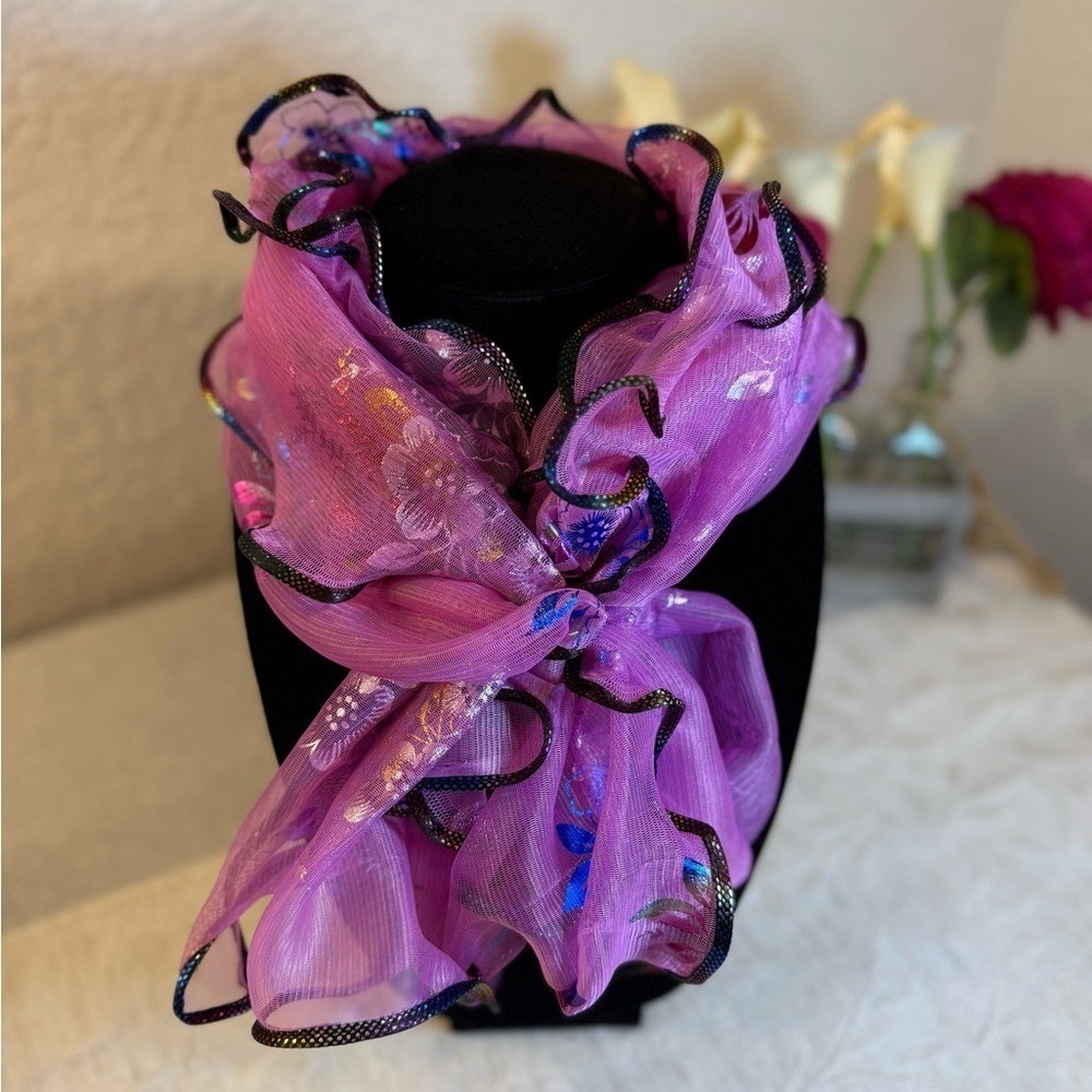 Magenta Iridescent Floral Mesh‎ Scarf - Ruffled Lettuce Edge SheerShimmer 66x17
